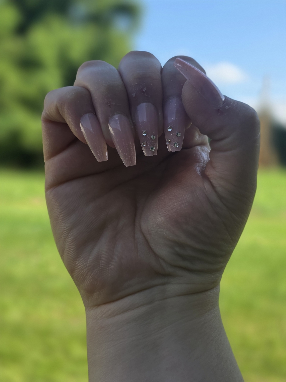 Elegant Pink Acrylic Nails with Rhinestone Accent - Women Makeup